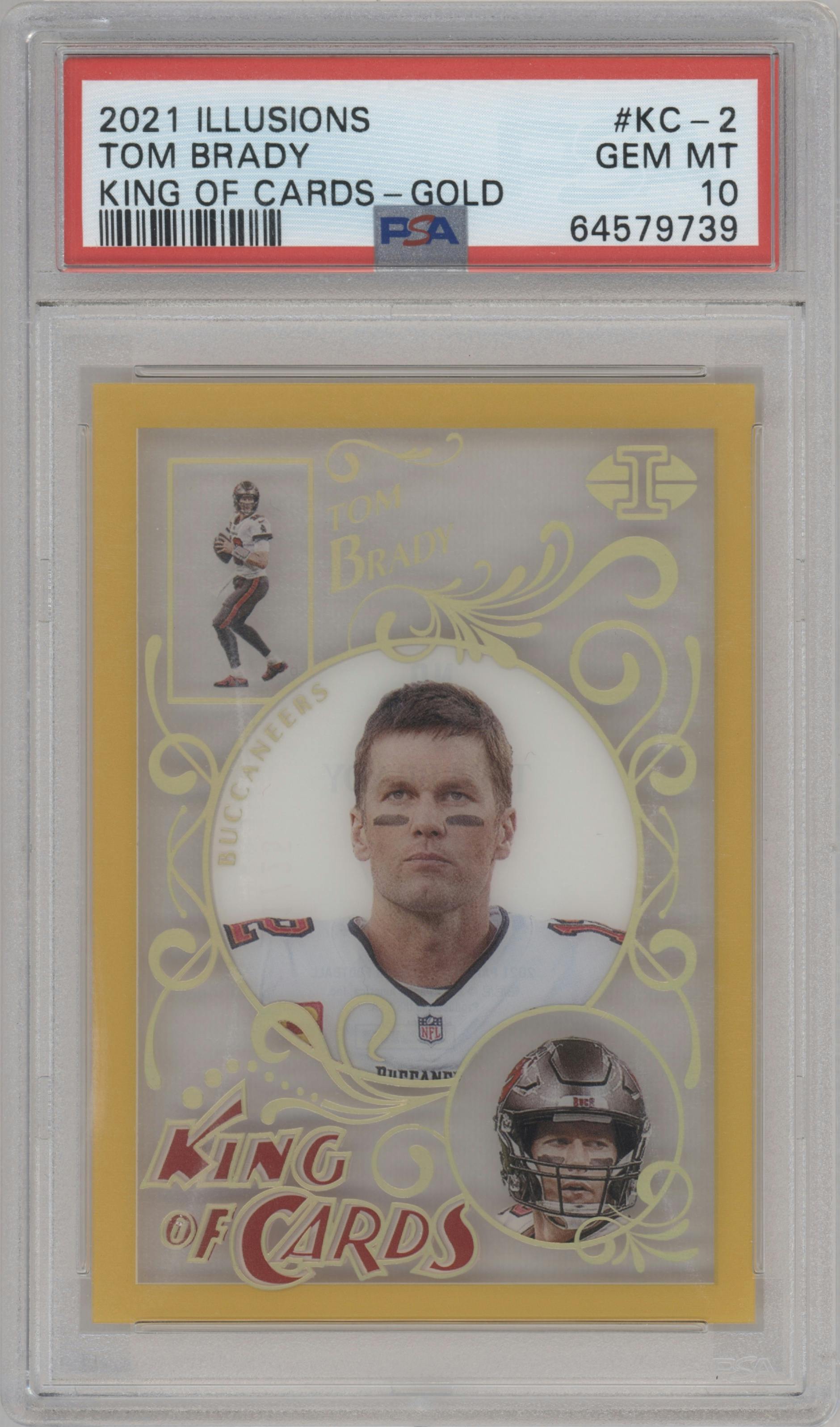 Tom Brady from the 2021 Panini Illusions set featuring a Gold parallel graded by PSA and given an overall grade of 10.