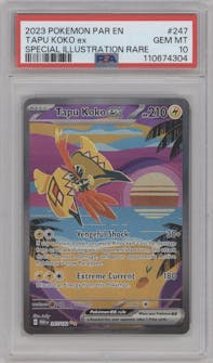 Tapu Koko ex from the 2023 Pokemon SV set graded by PSA and given an overall grade of 10.