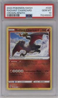 Radiant Charizard from the 2023 Pokemon SWSH set graded by PSA and given an overall grade of 10.