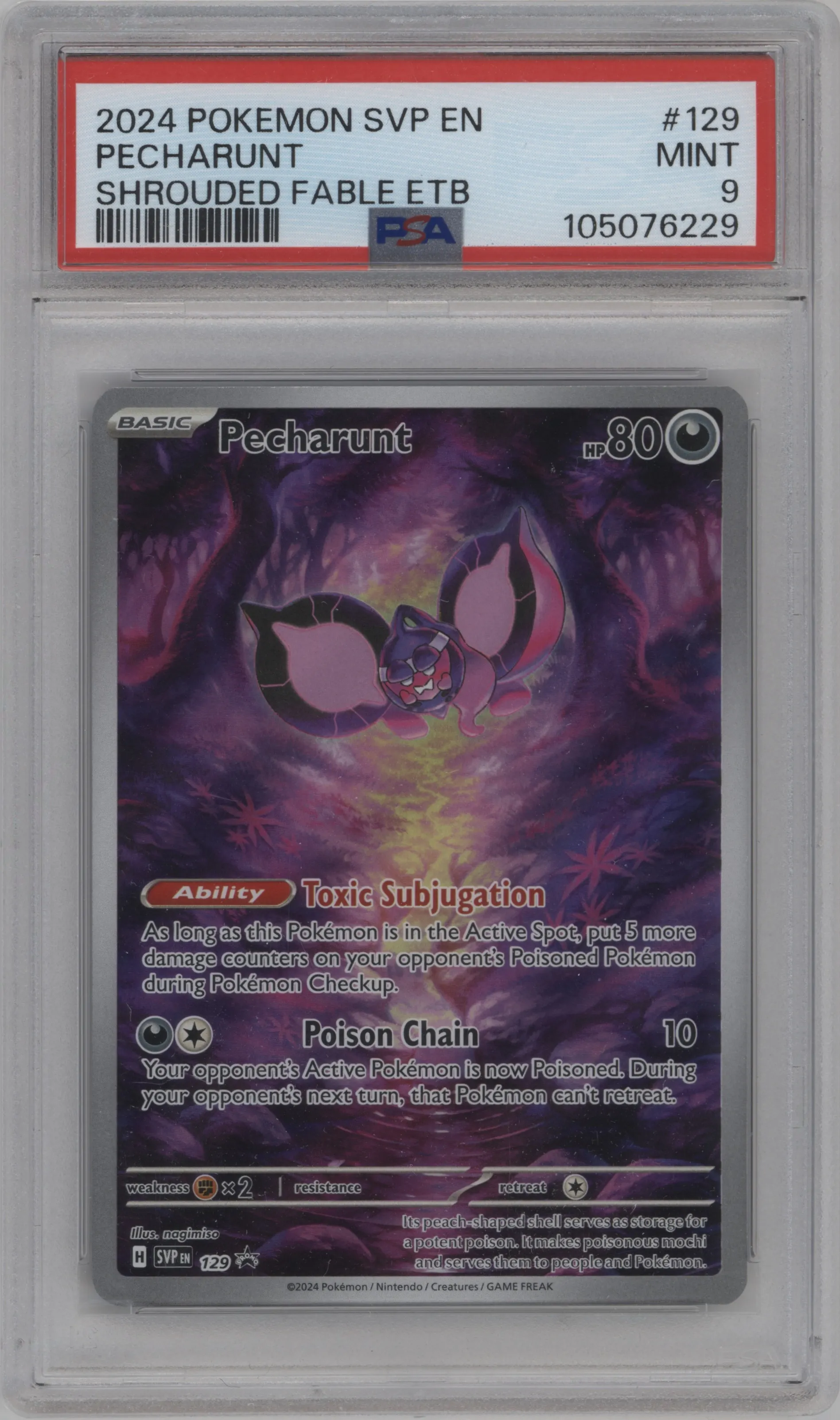 2024 Pokemon SV Pecharunt Shrouded Fable Elite Trainer Box #129 PSA 9