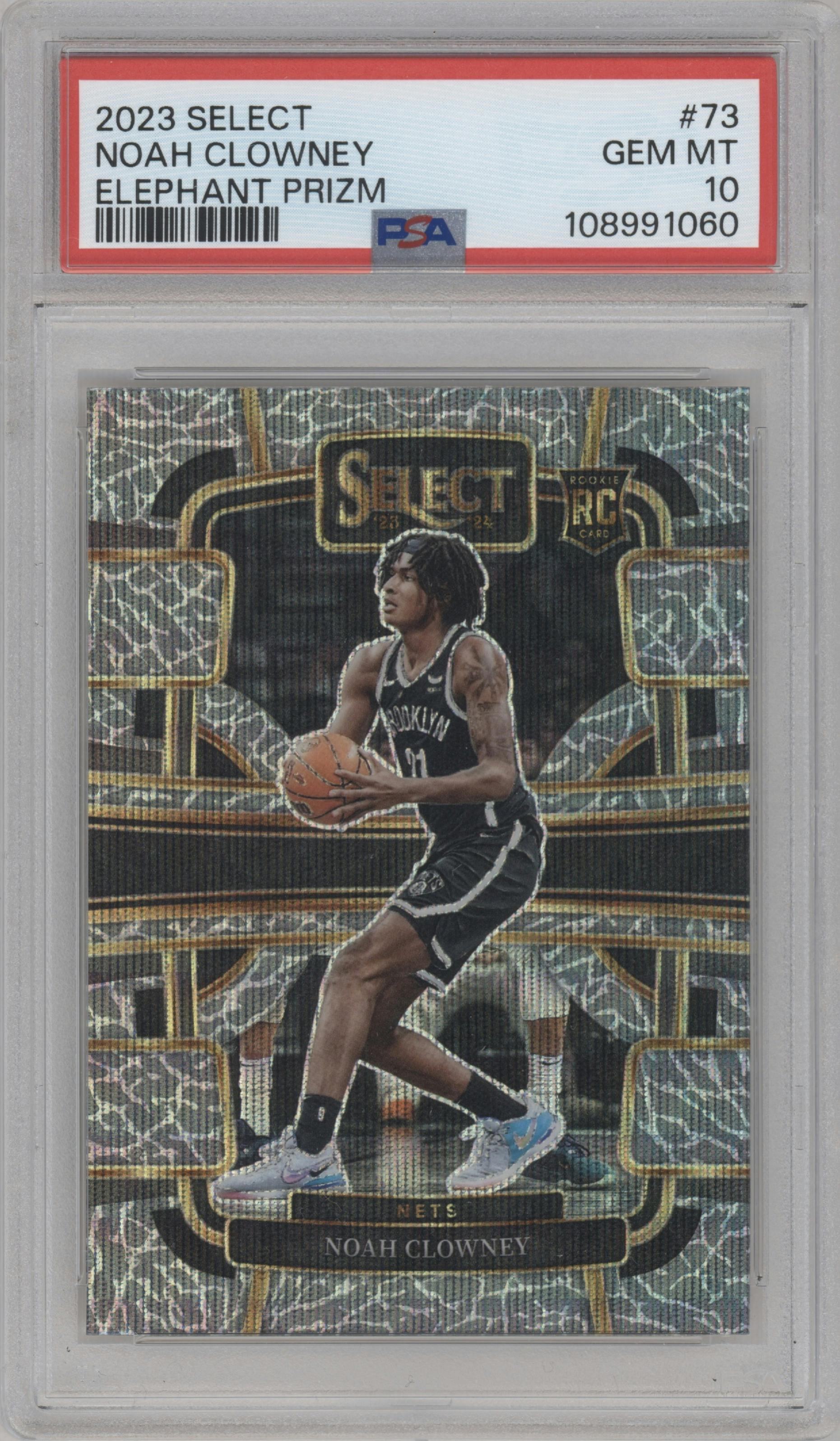 Noah Clowney from the 2023-24 Panini Select  set featuring a Elephant Prizm parallel graded by PSA and given an overall grade of 10.