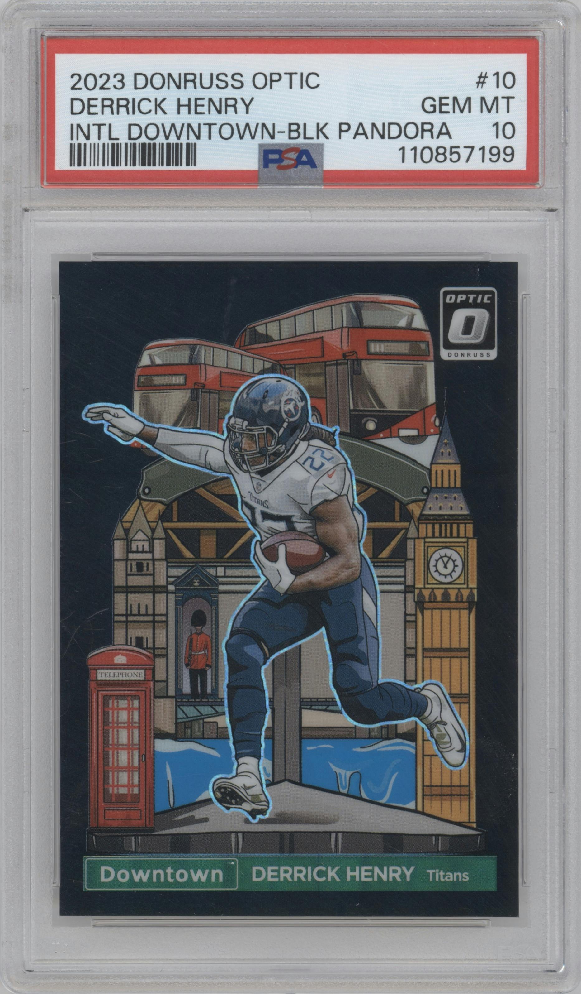 Derrick Henry from the 2023 Donruss Optic set featuring a Black Pandora parallel graded by PSA and given an overall grade of 10.