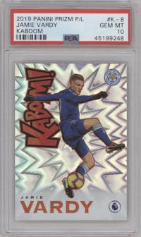 Jamie Vardy from the 2019-20 Panini Prizm Premier League set graded by PSA and given an overall grade of 10.