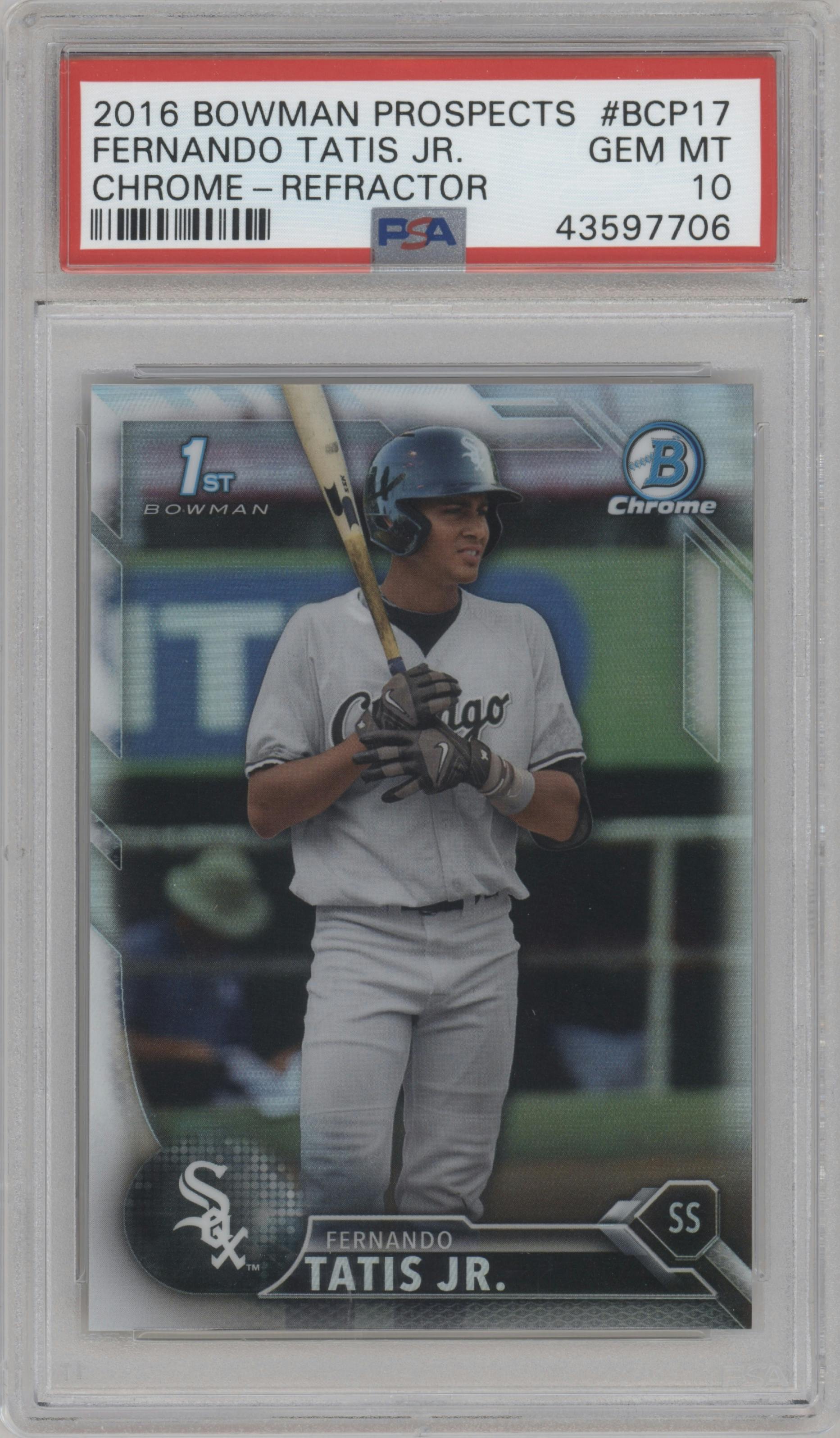 Fernando Tatis Jr. from the 2016 Bowman set featuring a Refractor parallel graded by PSA and given an overall grade of 10.
