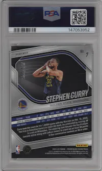 Stephen Curry from the 2024-25 Panini Prizm Black set featuring a Basketball Prizm parallel graded by PSA and given an overall grade of 10.
