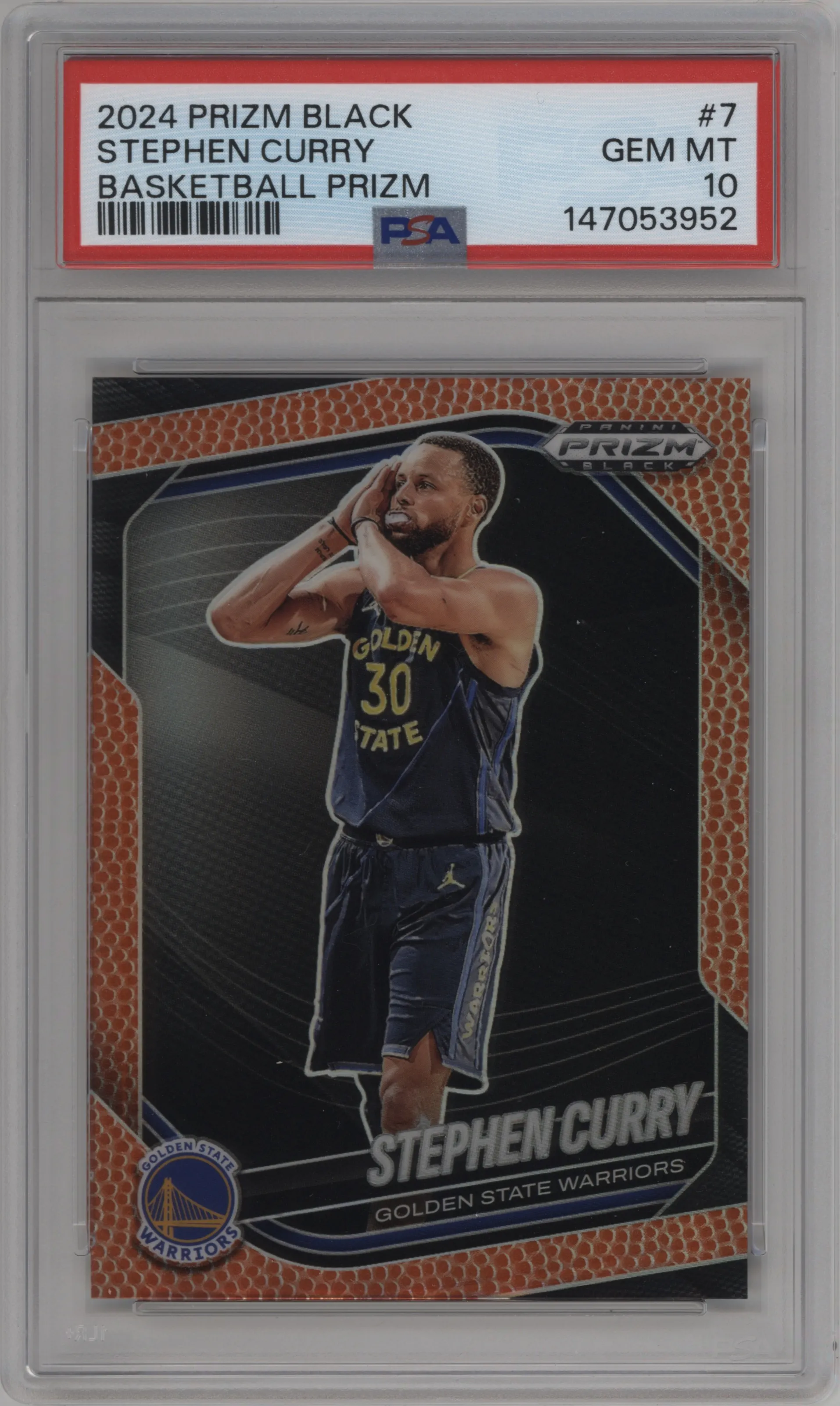 Stephen Curry from the 2024-25 Panini Prizm Black set featuring a Basketball Prizm parallel graded by PSA and given an overall grade of 10.