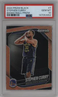 Stephen Curry from the 2024-25 Panini Prizm Black set featuring a Basketball Prizm parallel graded by PSA and given an overall grade of 10.