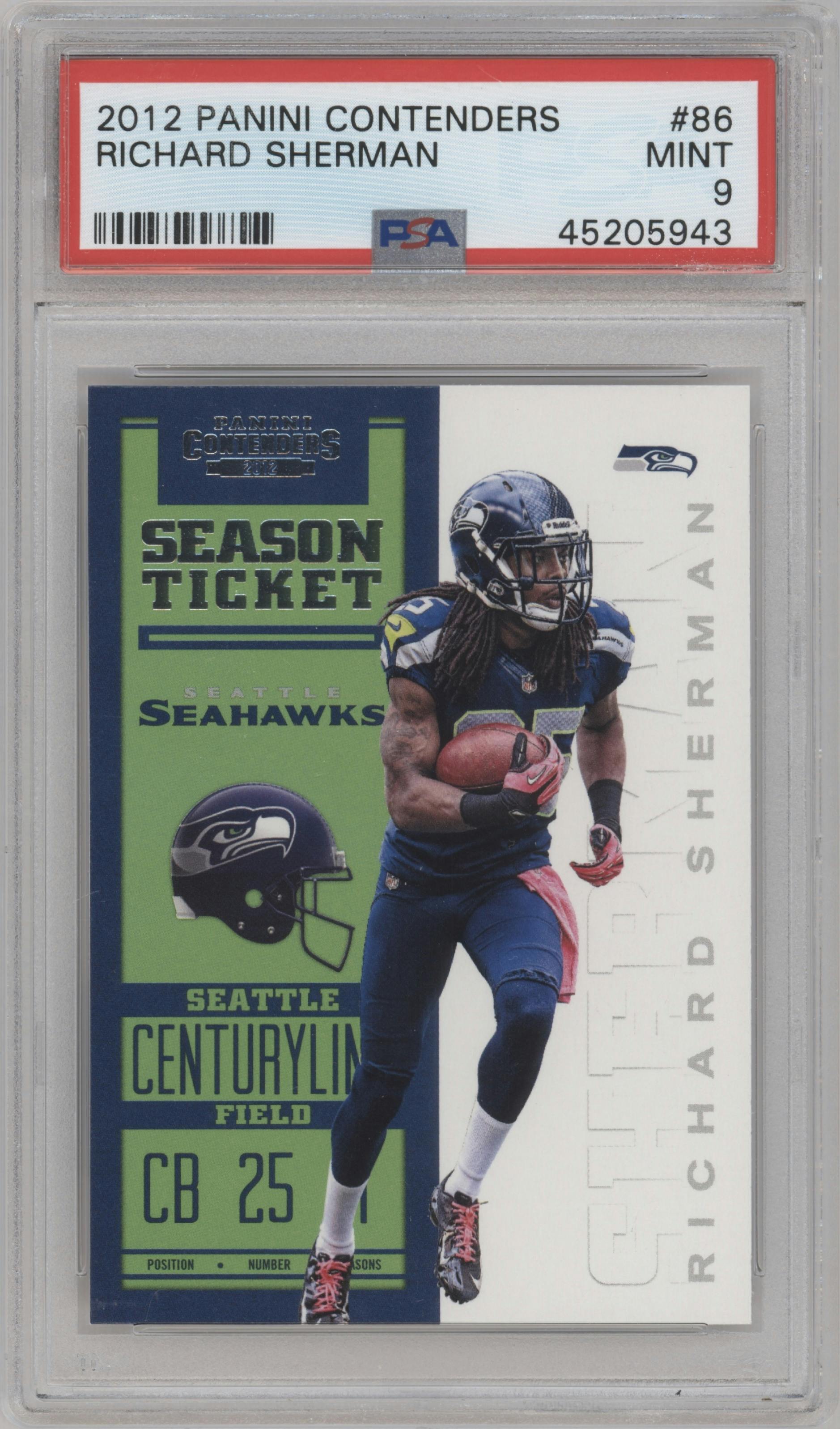 Richard Sherman from the 2012 Panini Contenders set graded by PSA and given an overall grade of 9.