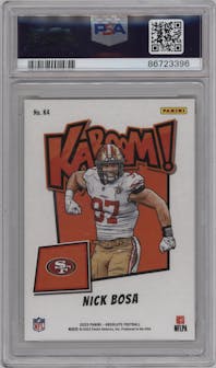 Nick Bosa from the 2023 Panini Absolute set featuring a Gold parallel graded by PSA and given an overall grade of 9.