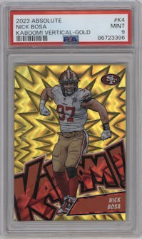 Nick Bosa from the 2023 Panini Absolute set featuring a Gold parallel graded by PSA and given an overall grade of 9.