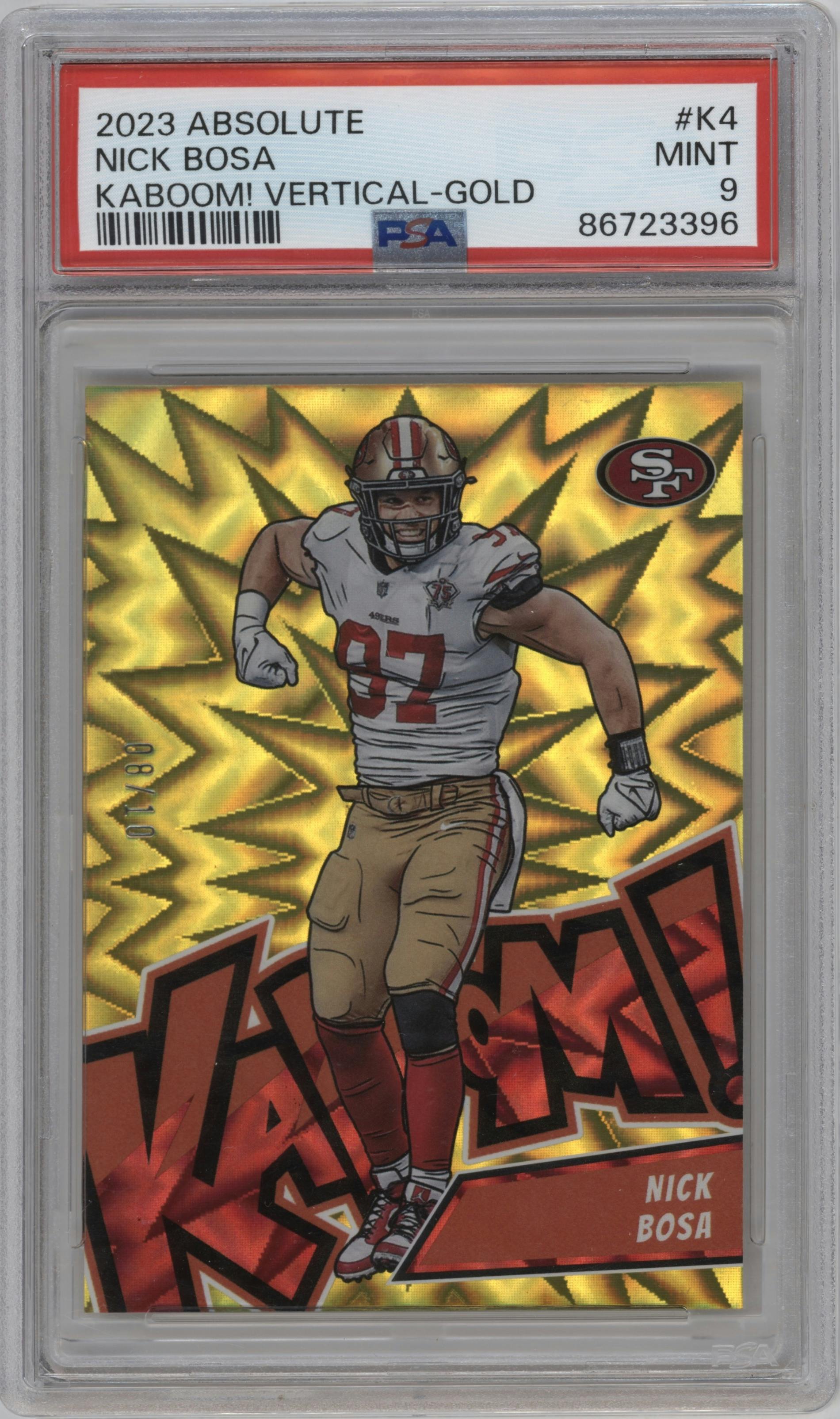 Nick Bosa from the 2023 Panini Absolute set featuring a Gold parallel graded by PSA and given an overall grade of 9.