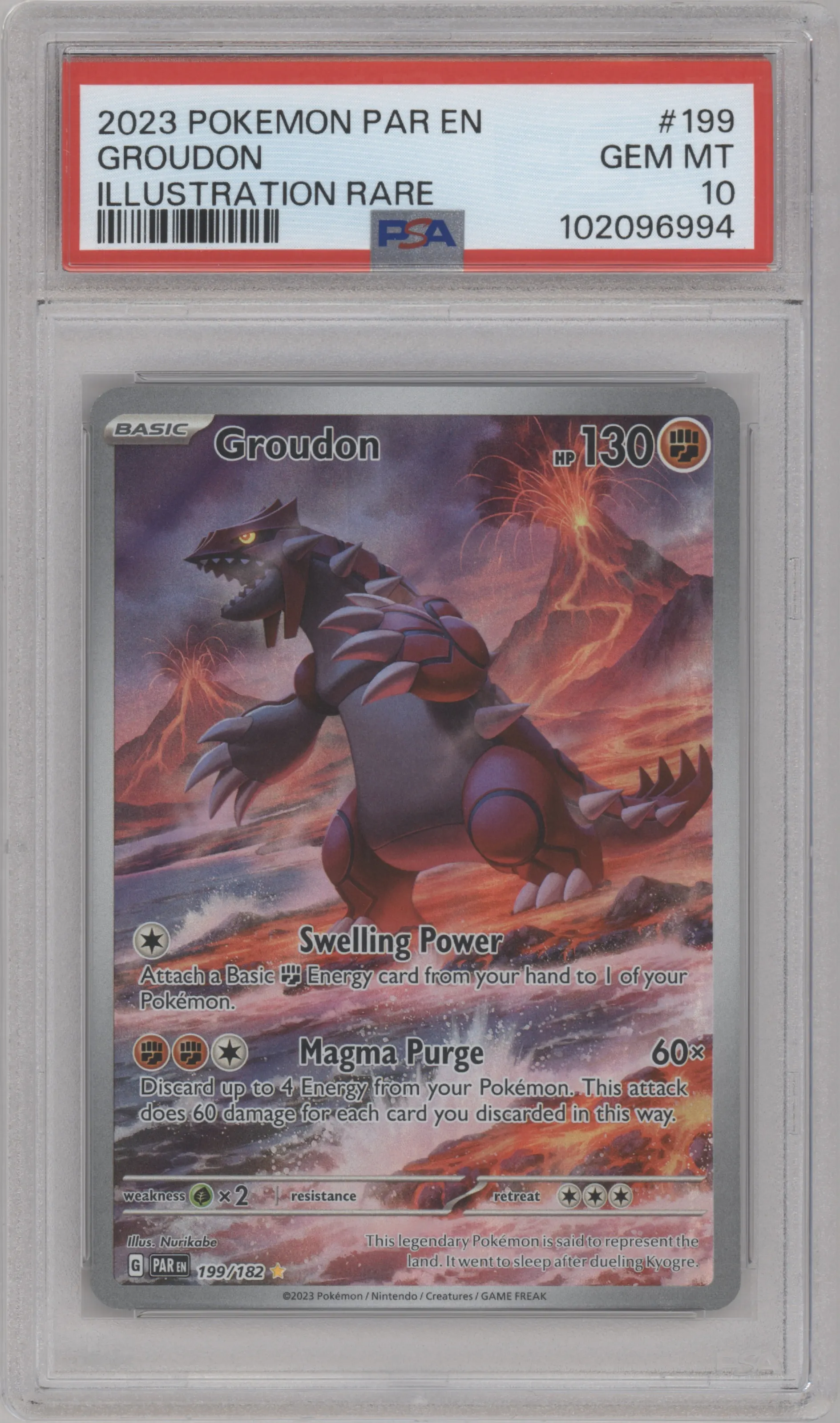 Groudon from the 2023 Pokemon SV set graded by PSA and given an overall grade of 10.