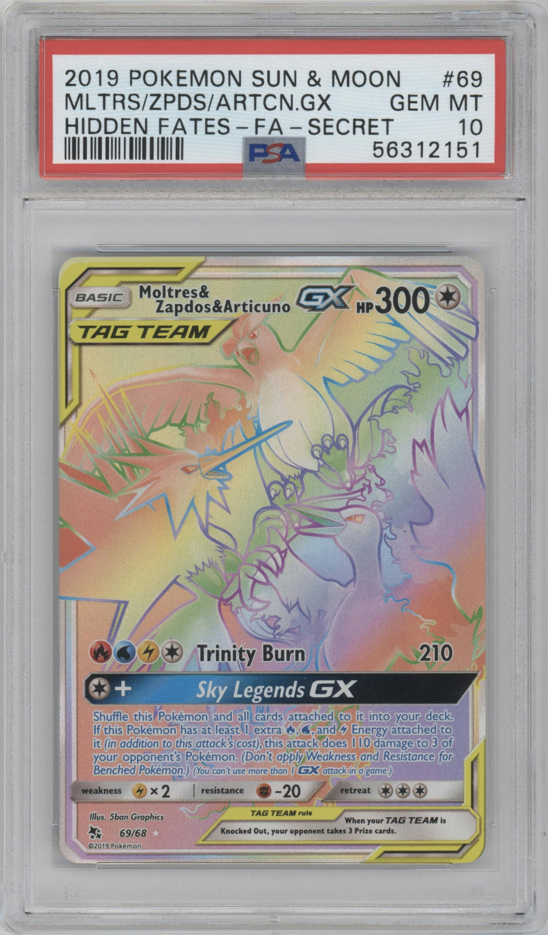 Moltres/Zapdos/Articuno GX from the 2019 Pokemon S&M  set graded by PSA and given an overall grade of 10.