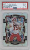 Patrick Mahomes II from the 2017 Panini Select set featuring a Silver Prizm parallel graded by PSA and given an overall grade of 9.