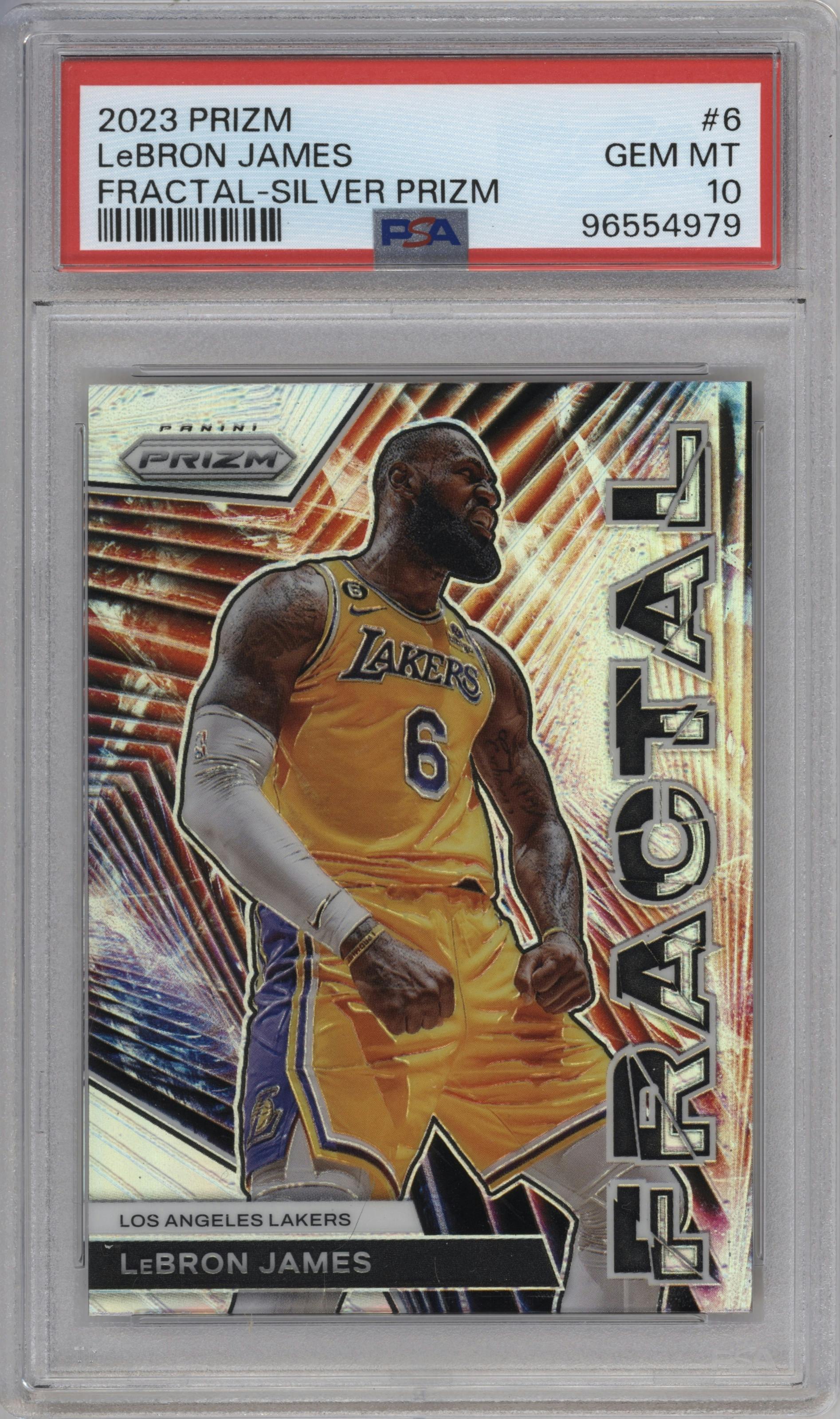 LeBron James from the 2023-24 Panini Prizm set featuring a Silver Prizm parallel graded by PSA and given an overall grade of 10.