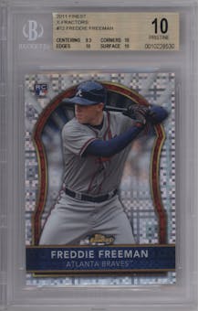 Freddie Freeman from the 2011 Topps Finest set featuring a X-Fractor parallel graded by Beckett and given an overall grade of 10.