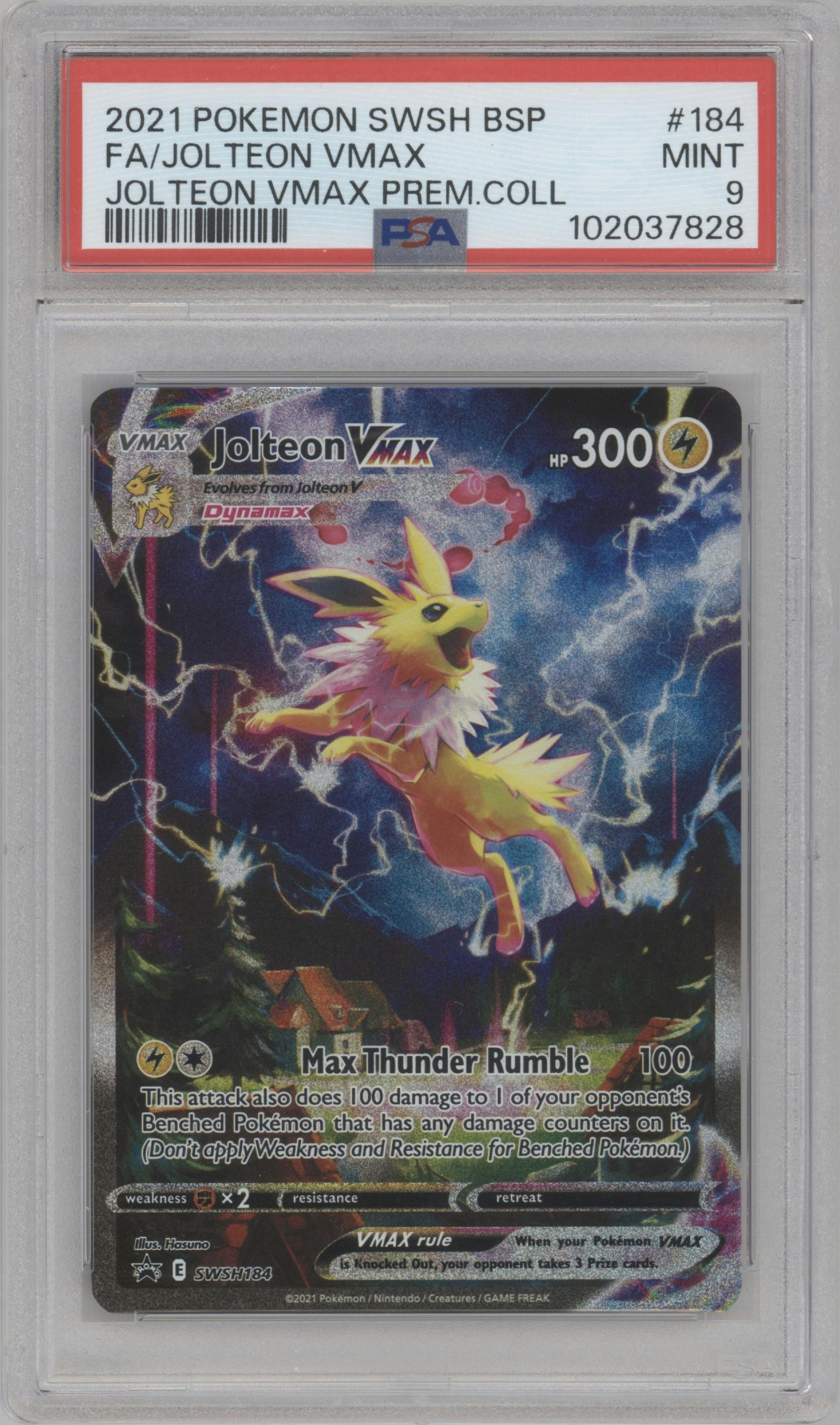 Jolteon VMAX from the 2021 Pokemon SWSH set featuring a Jolteon VMAX Premium Collection parallel graded by PSA and given an overall grade of 9.