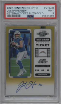 Justin Herbert from the 2022 Panini Contenders Optic set featuring a Gold parallel graded by PSA and given an overall grade of 9.