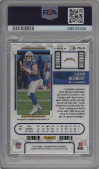 Justin Herbert from the 2022 Panini Contenders Optic set featuring a Gold parallel graded by PSA and given an overall grade of 9.