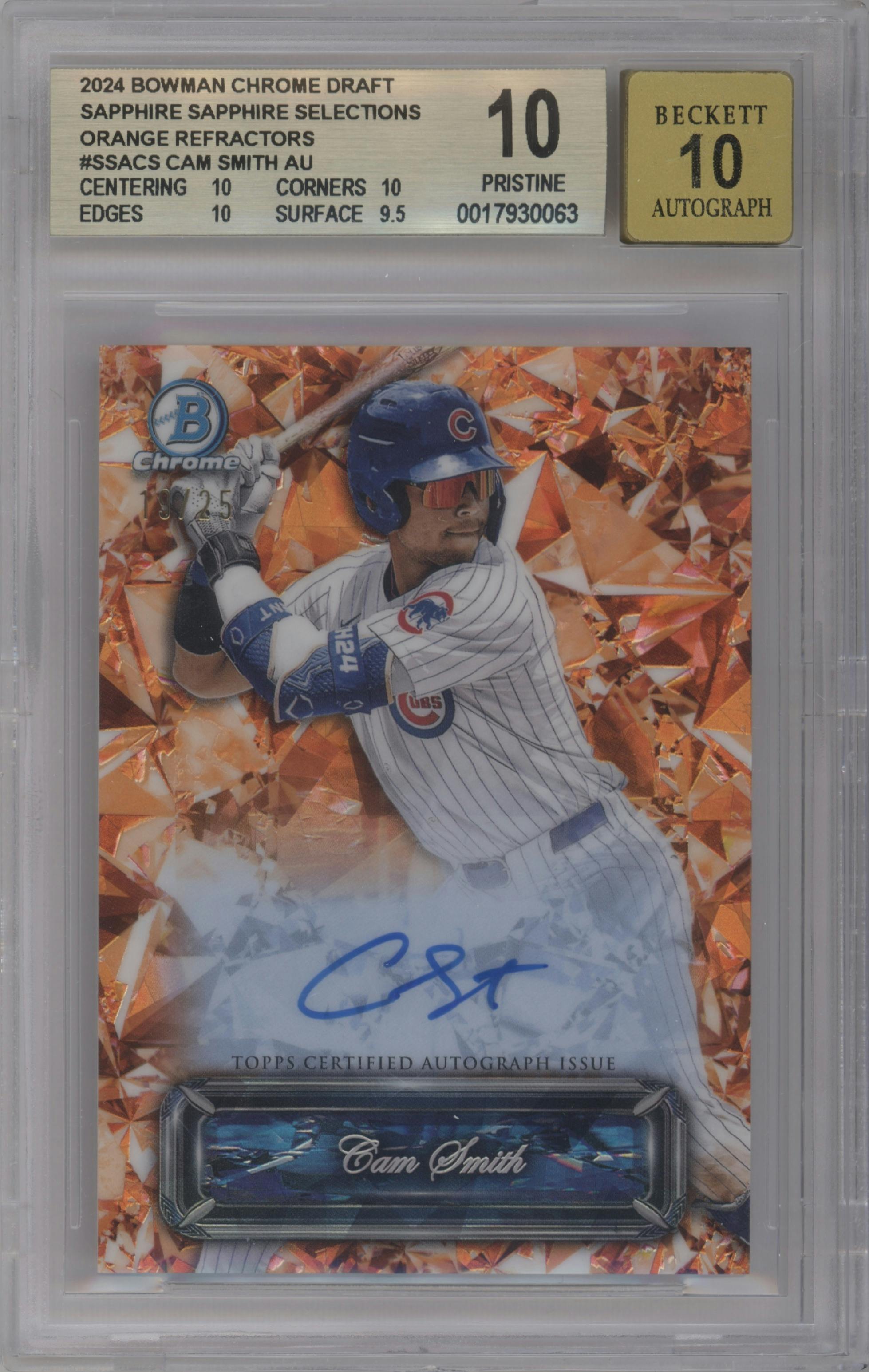 Cam Smith from the 2024 Bowman Draft Sapphire Edition set featuring a Orange parallel graded by Beckett and given an overall grade of 10.