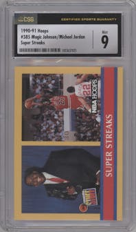 Magic Johnson/Michael Jordan from the 1990-91 NBA Hoops set graded by CSG and given an overall grade of 9.