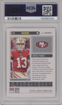 Brock Purdy from the 2022 Panini Chronicles set graded by PSA and given an overall grade of 9.
