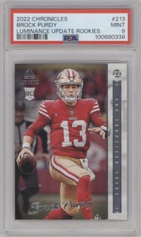 Brock Purdy from the 2022 Panini Chronicles set graded by PSA and given an overall grade of 9.