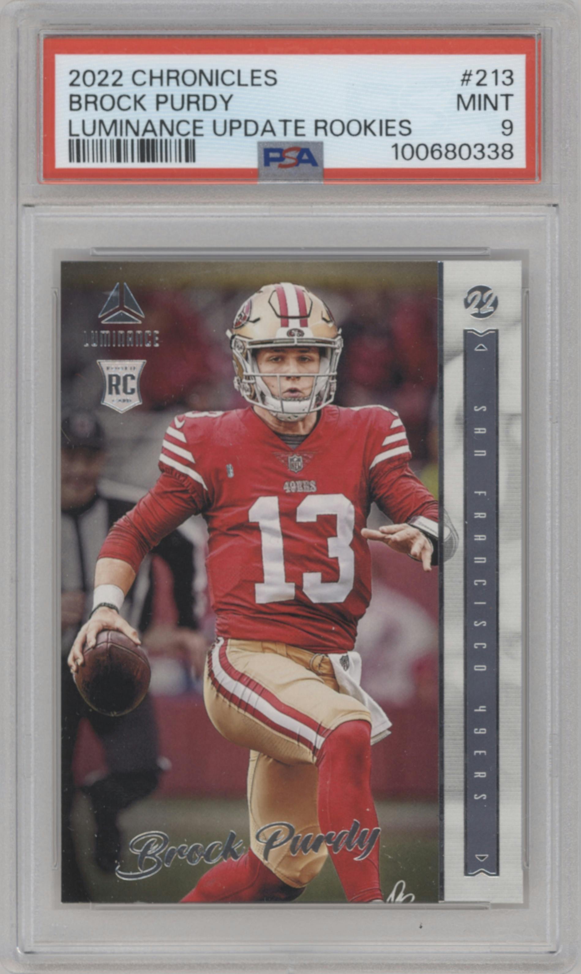 Brock Purdy from the 2022 Panini Chronicles set graded by PSA and given an overall grade of 9.