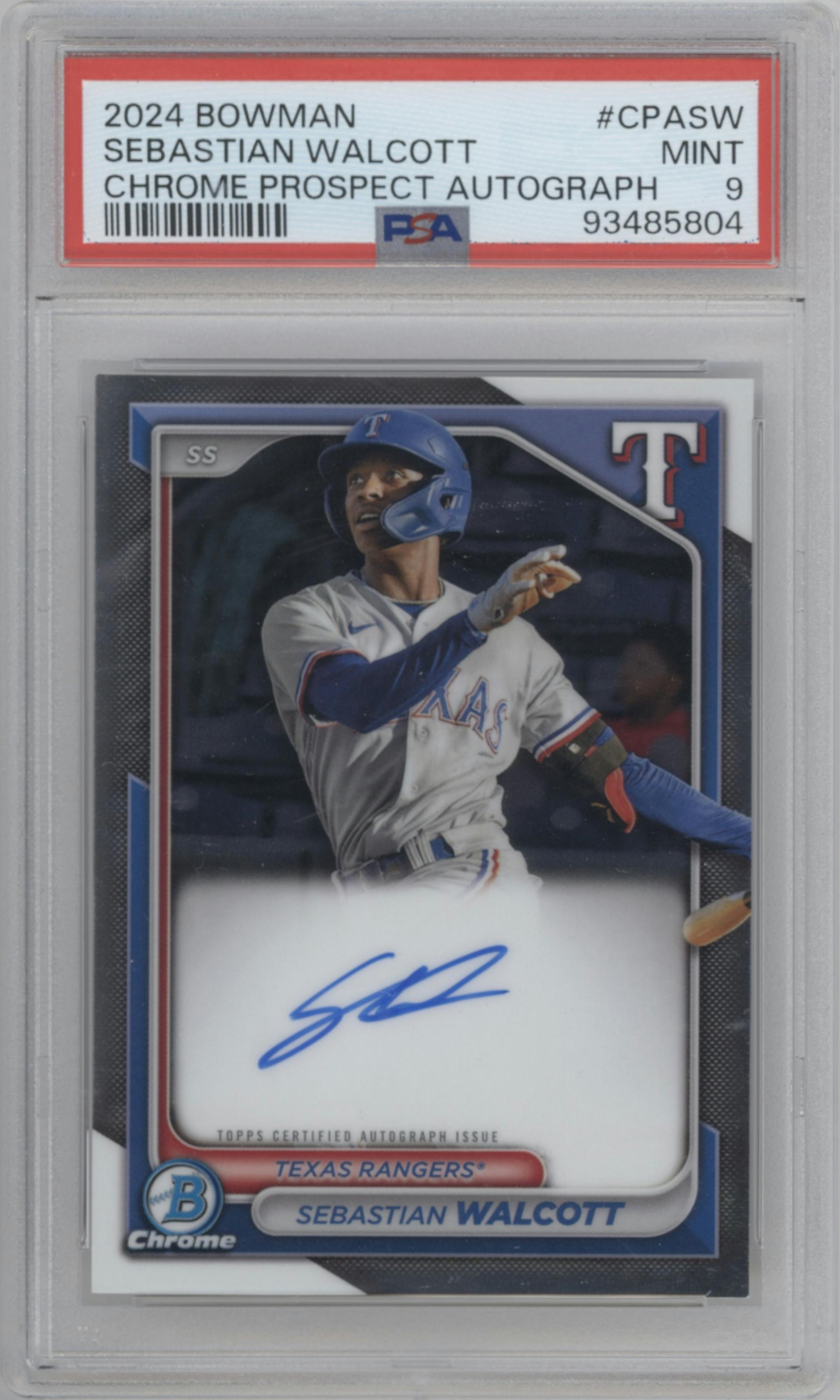 Sebastian Walcott from the 2024 Bowman set graded by PSA and given an overall grade of 9.