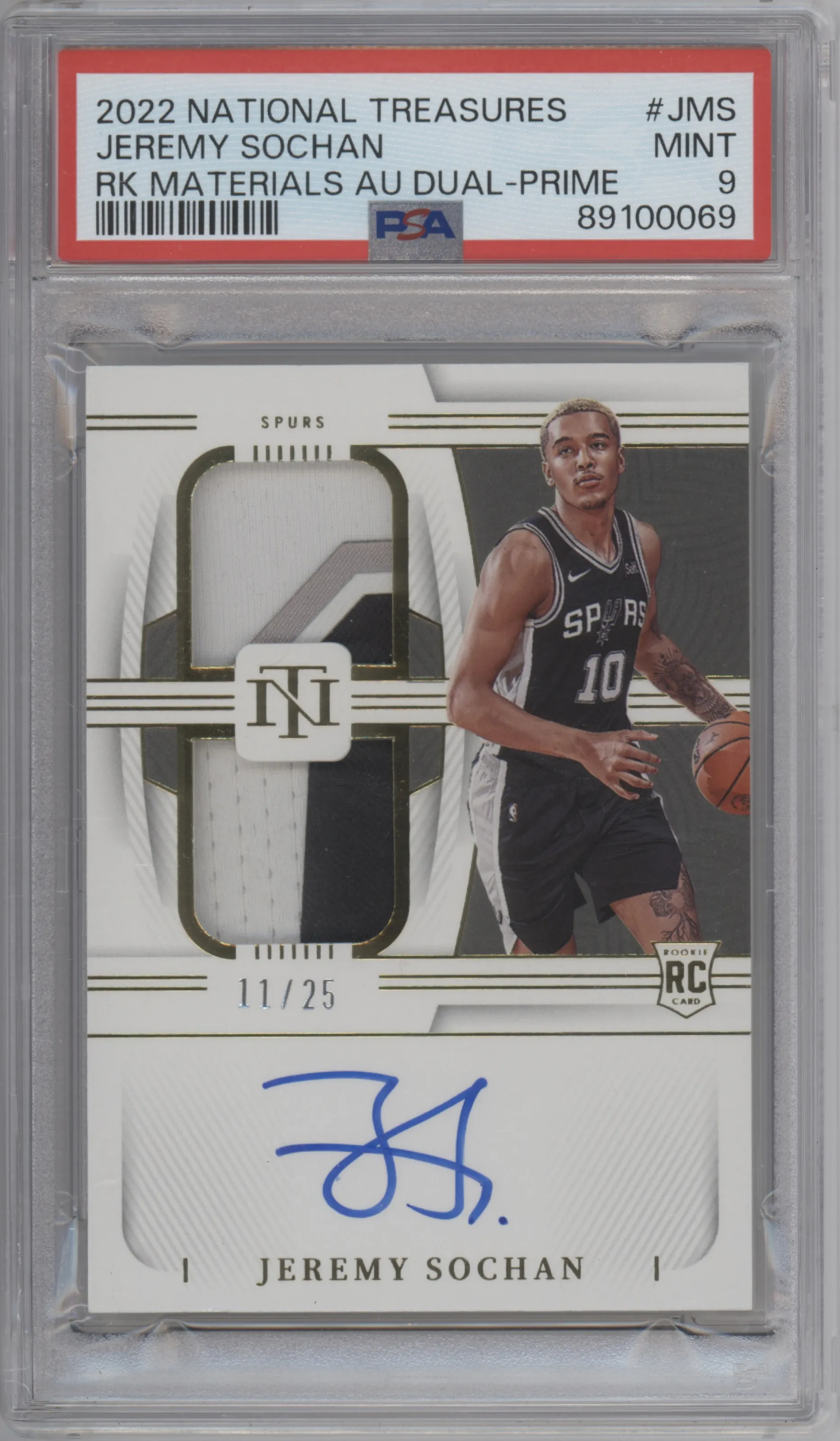 2022 Panini National Treasures Rke.Mat.Auto Dual Jeremy Sochan Prime PSA 9