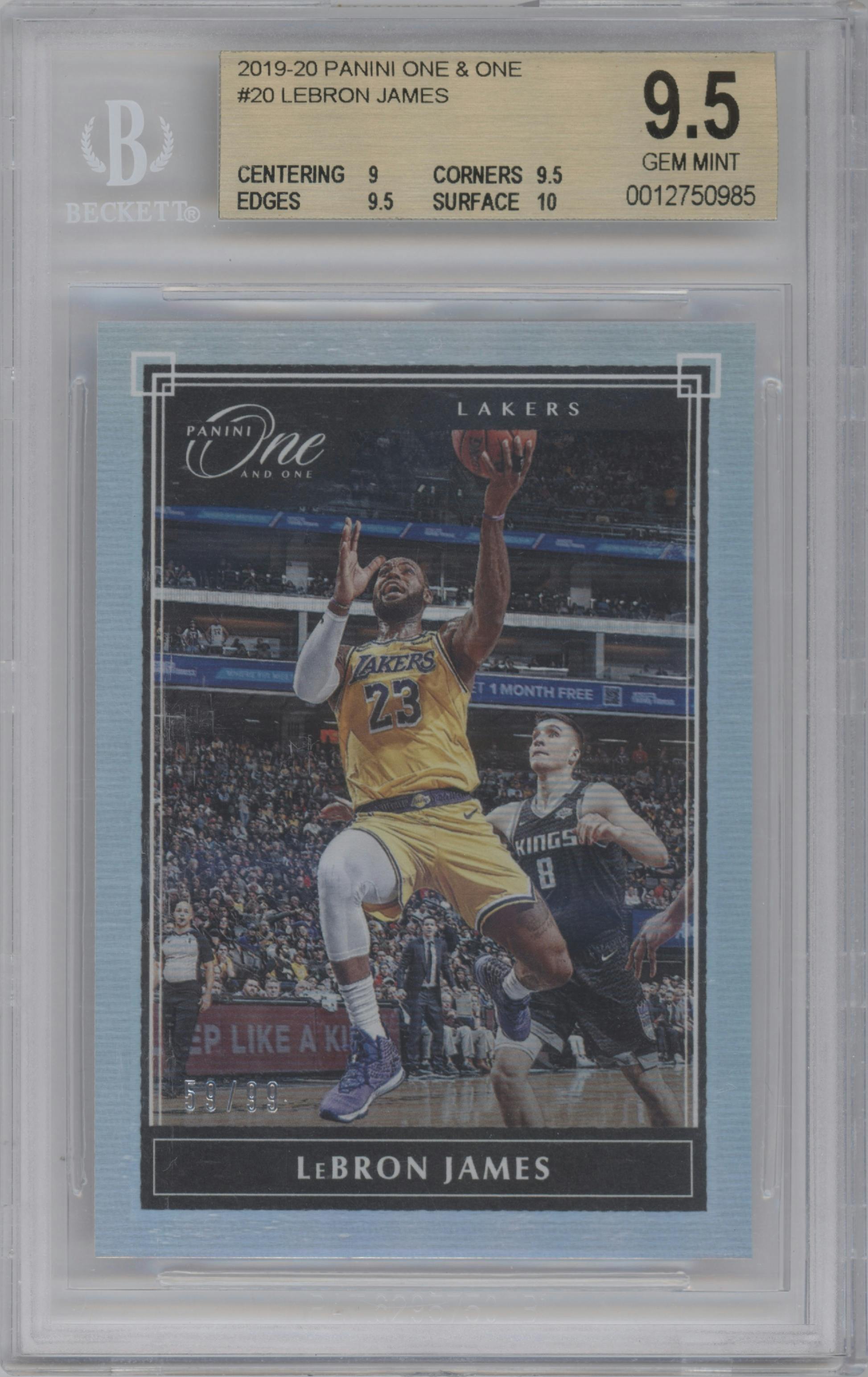 LeBron James from the 2019-20 Panini One and One set graded by Beckett and given an overall grade of 9.5.