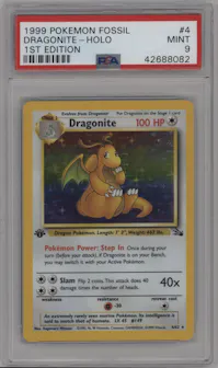 Dragonite from the 1999 Pokemon set graded by PSA and given an overall grade of 9.