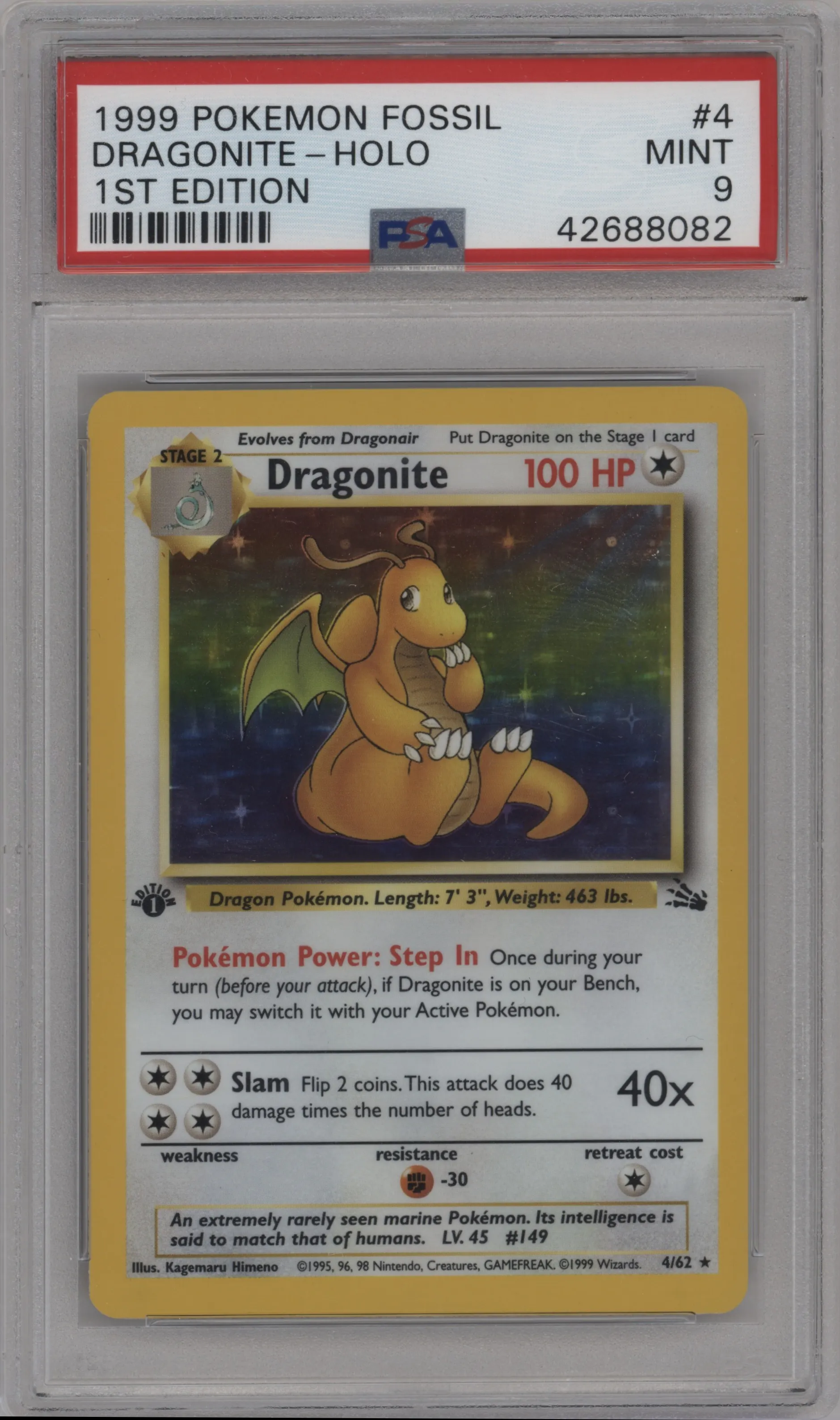 Dragonite from the 1999 Pokemon set graded by PSA and given an overall grade of 9.