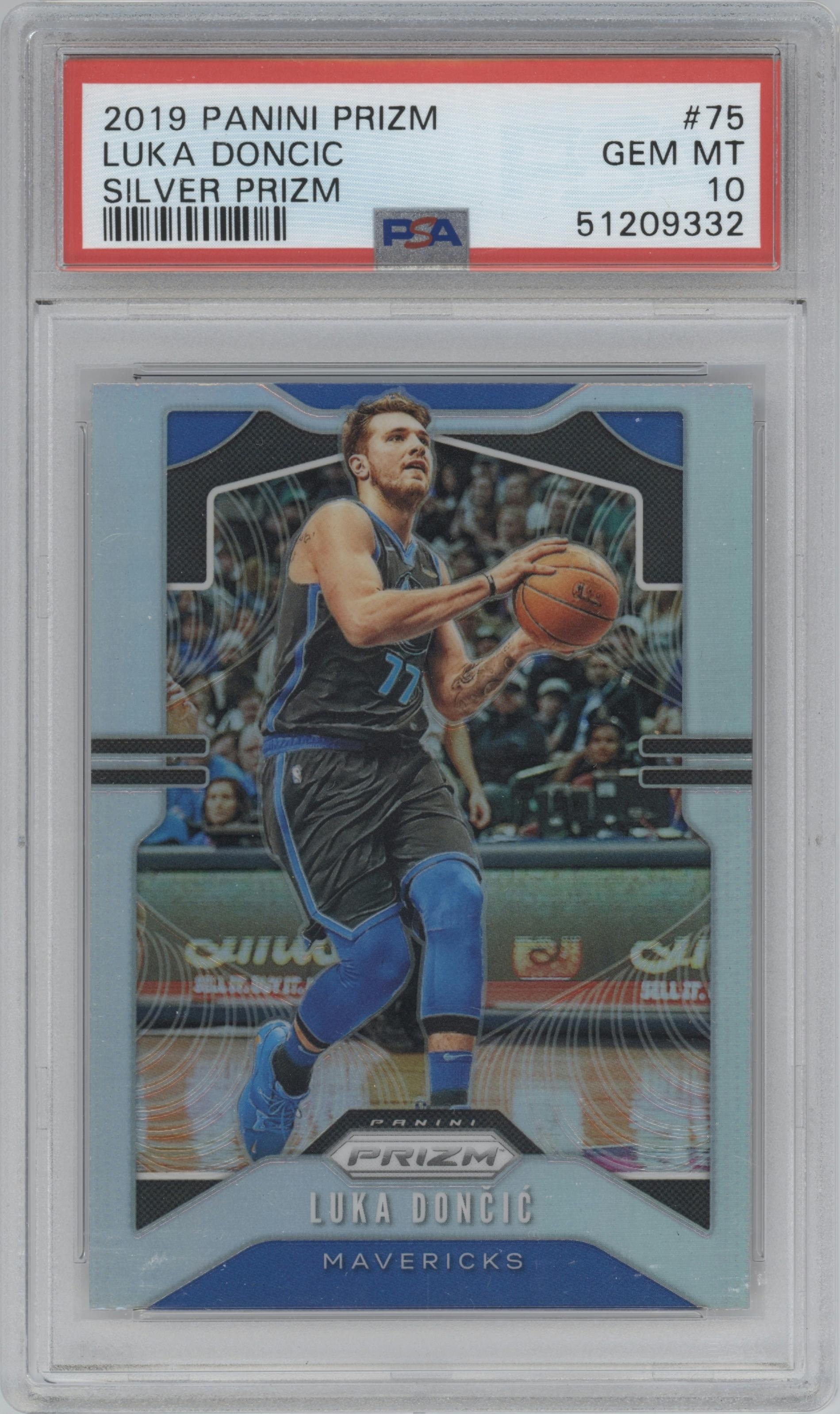 Luka Doncic from the 2019-20 Panini Prizm set featuring a Silver Prizm parallel graded by PSA and given an overall grade of 10.