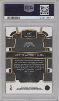 Victor Wembanyama from the 2023-24 Panini Select  set featuring a Blue Retail parallel graded by PSA and given an overall grade of 10.