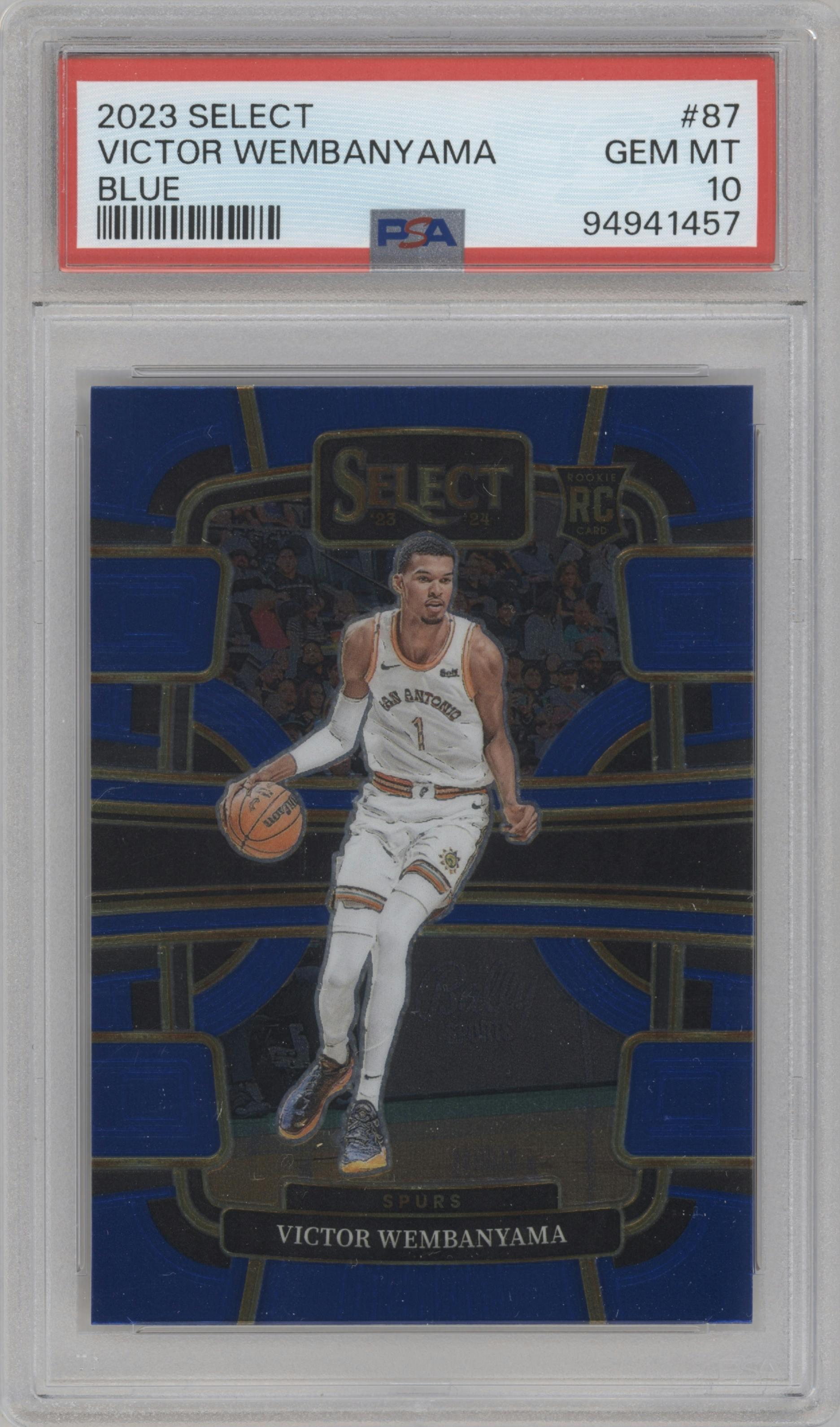 Victor Wembanyama from the 2023-24 Panini Select  set featuring a Blue Retail parallel graded by PSA and given an overall grade of 10.