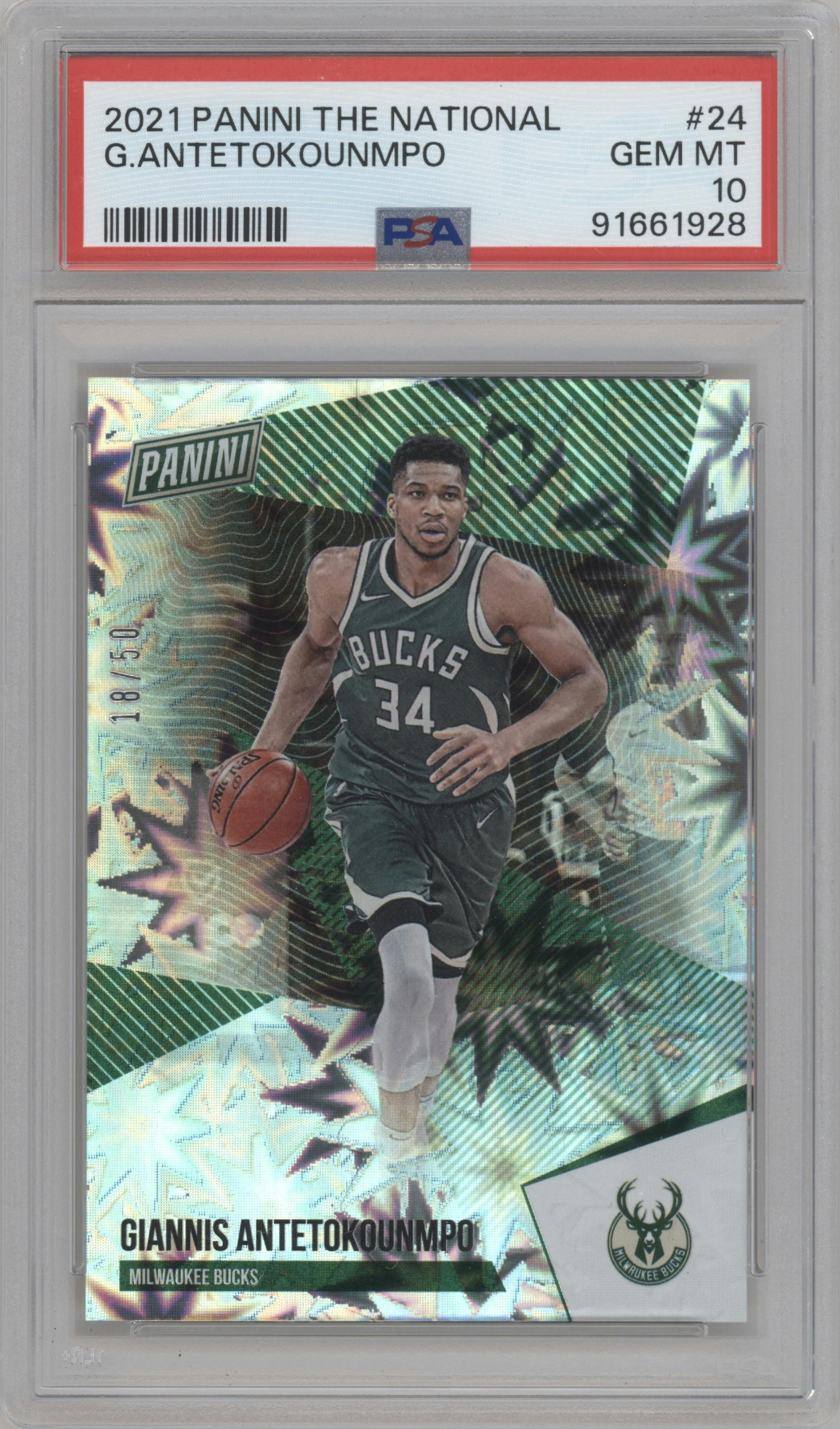 Giannis Antetokounmpo from the 2021 Panini The National VIP set graded by PSA and given an overall grade of 10.