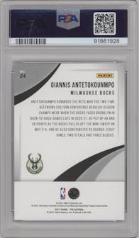 Giannis Antetokounmpo from the 2021 Panini The National VIP set graded by PSA and given an overall grade of 10.