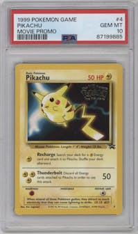 Pikachu from the 1999 Pokemon set featuring a Movie Promo parallel graded by PSA and given an overall grade of 10.