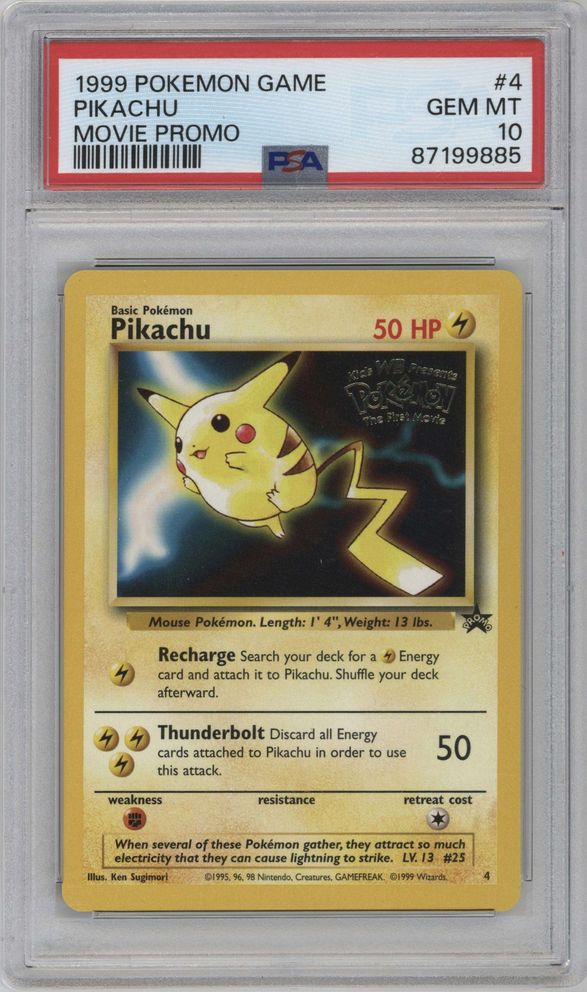 Pikachu from the 1999 Pokemon set featuring a Movie Promo parallel graded by PSA and given an overall grade of 10.