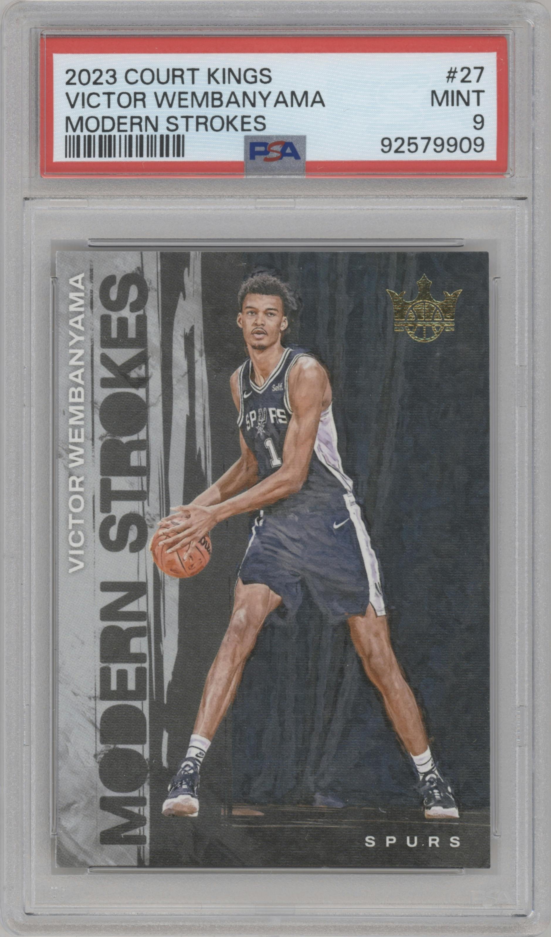 Victor Wembanyama from the 2023-24 Panini Court Kings set graded by PSA and given an overall grade of 9.