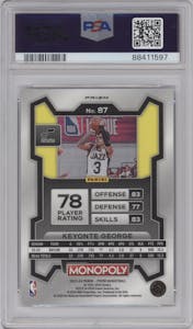 Keyonte George from the 2023-24 Panini Prizm Monopoly set featuring a Purple  parallel graded by PSA and given an overall grade of 10.