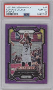 Keyonte George from the 2023-24 Panini Prizm Monopoly set featuring a Purple  parallel graded by PSA and given an overall grade of 10.
