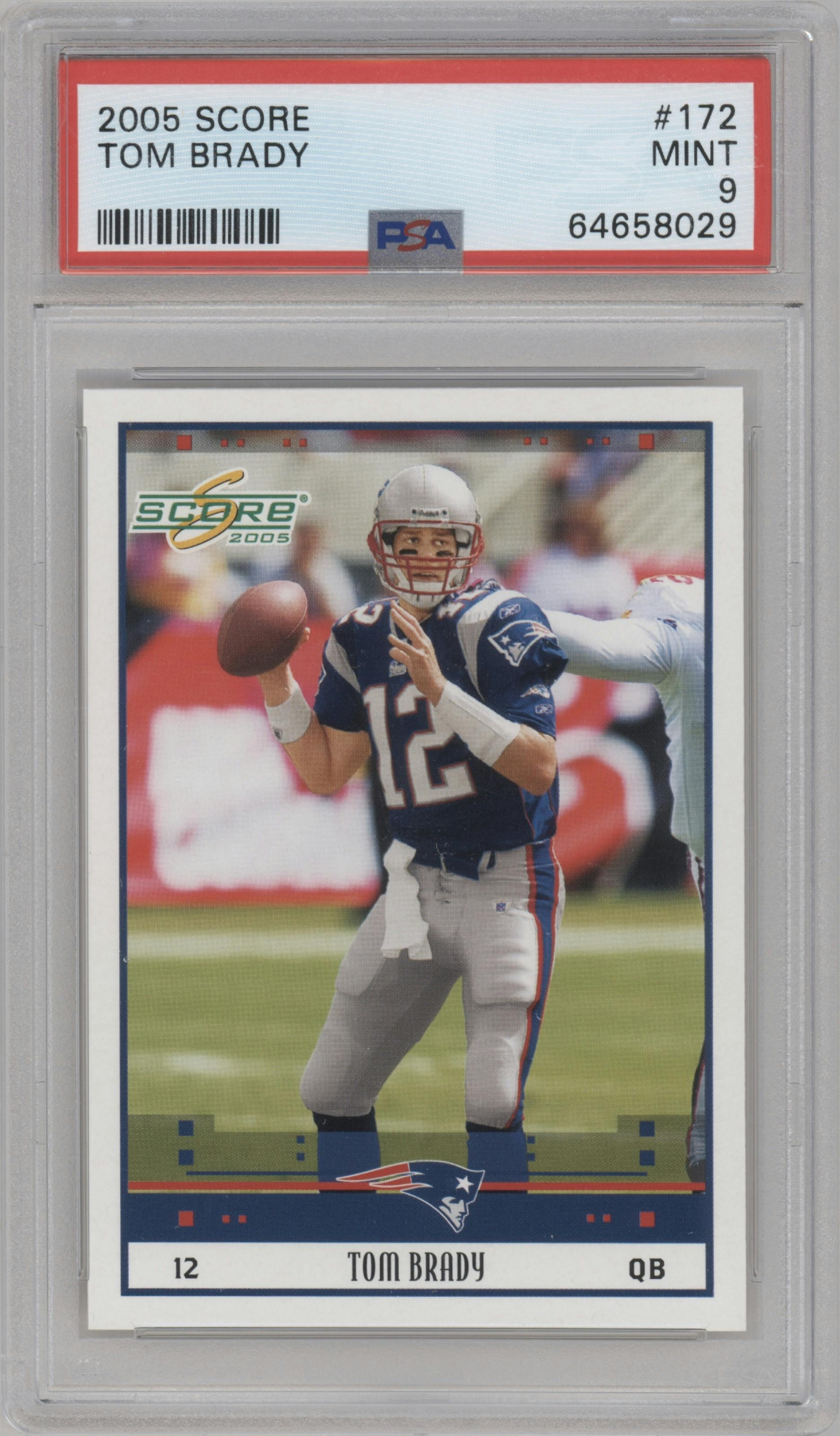 Tom Brady from the 2005 Score set graded by PSA and given an overall grade of 9.