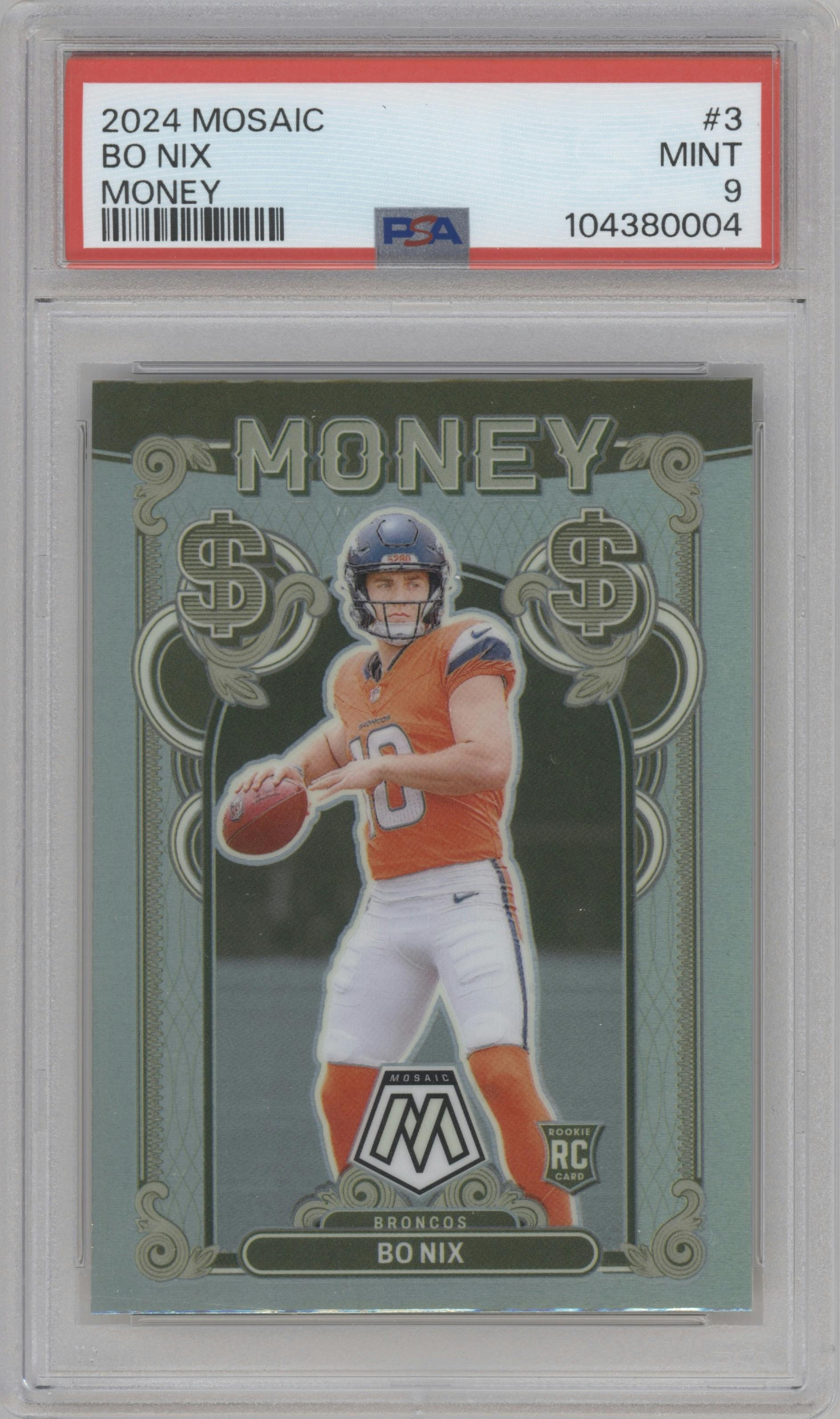 Bo Nix from the 2024 Panini Mosaic set graded by PSA and given an overall grade of 9.