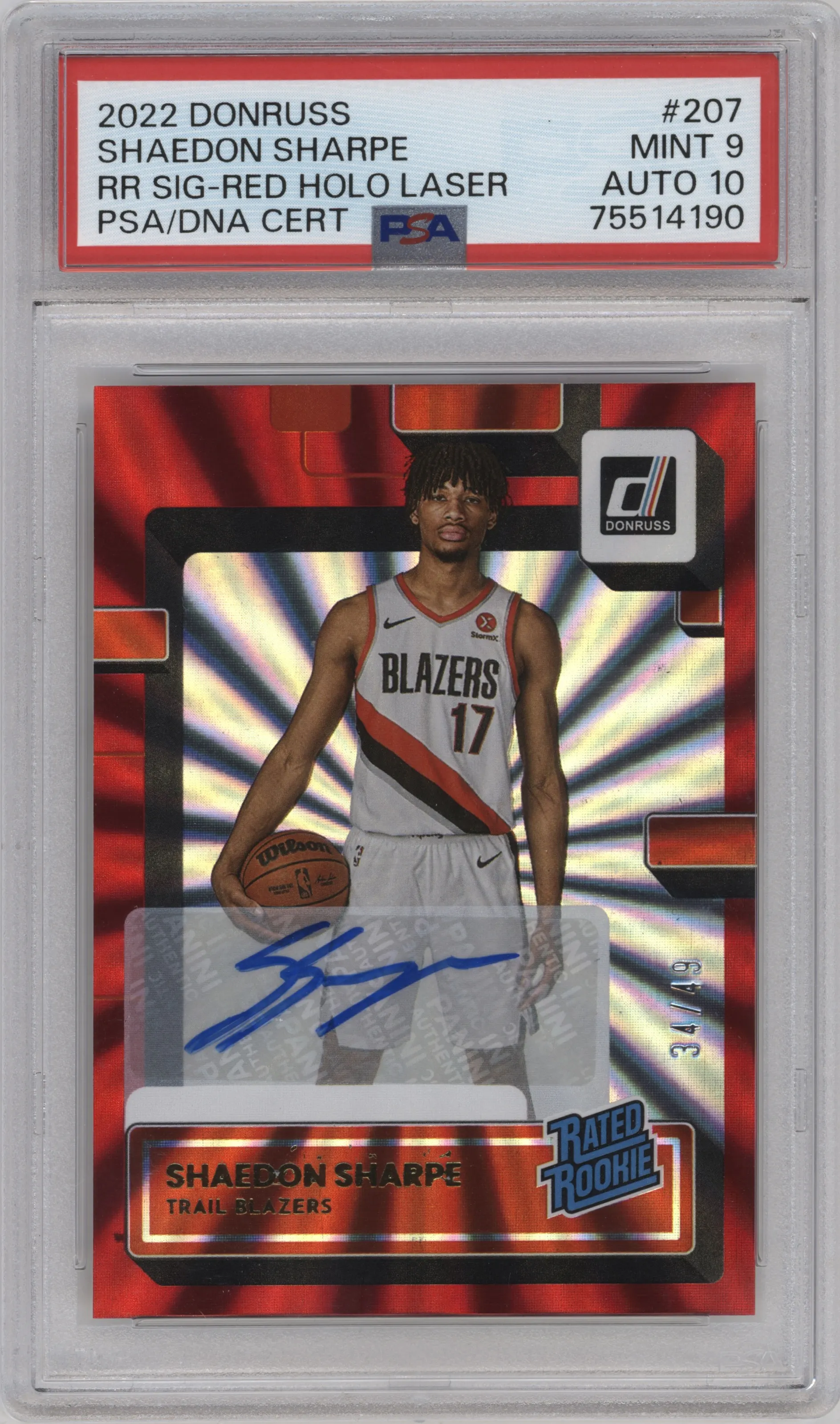 2022 Panini Donruss Rtd.Rke.Sig. Shaedon Sharpe Red Holo Laser #207 PSA 9