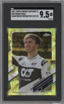 Pierre Gasly from the 2021 Topps Chrome Sapphire Edition Formula 1 set featuring a Chartreuse parallel graded by SGC and given an overall grade of 9.5.