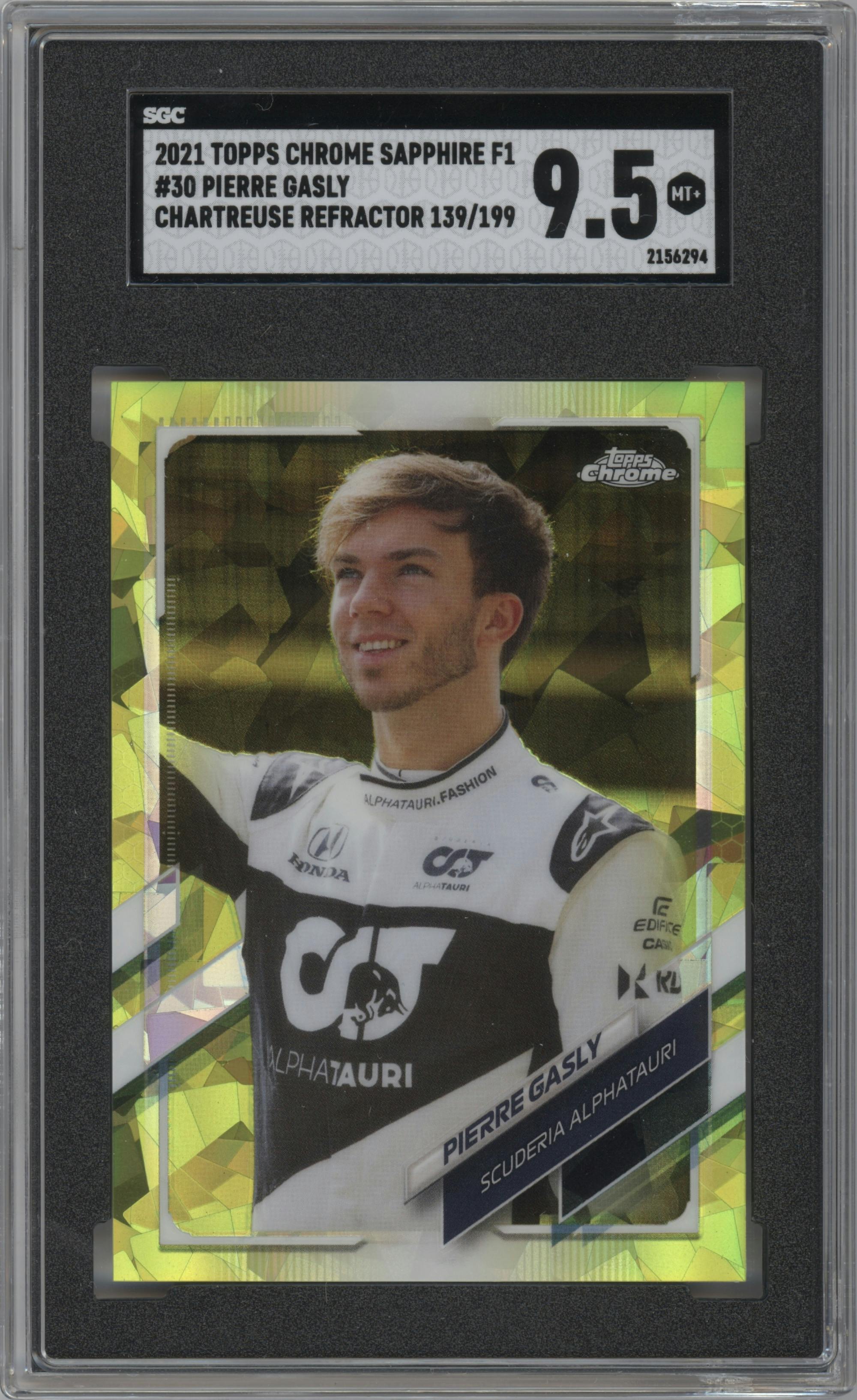 Pierre Gasly from the 2021 Topps Chrome Sapphire Edition Formula 1 set featuring a Chartreuse parallel graded by SGC and given an overall grade of 9.5.