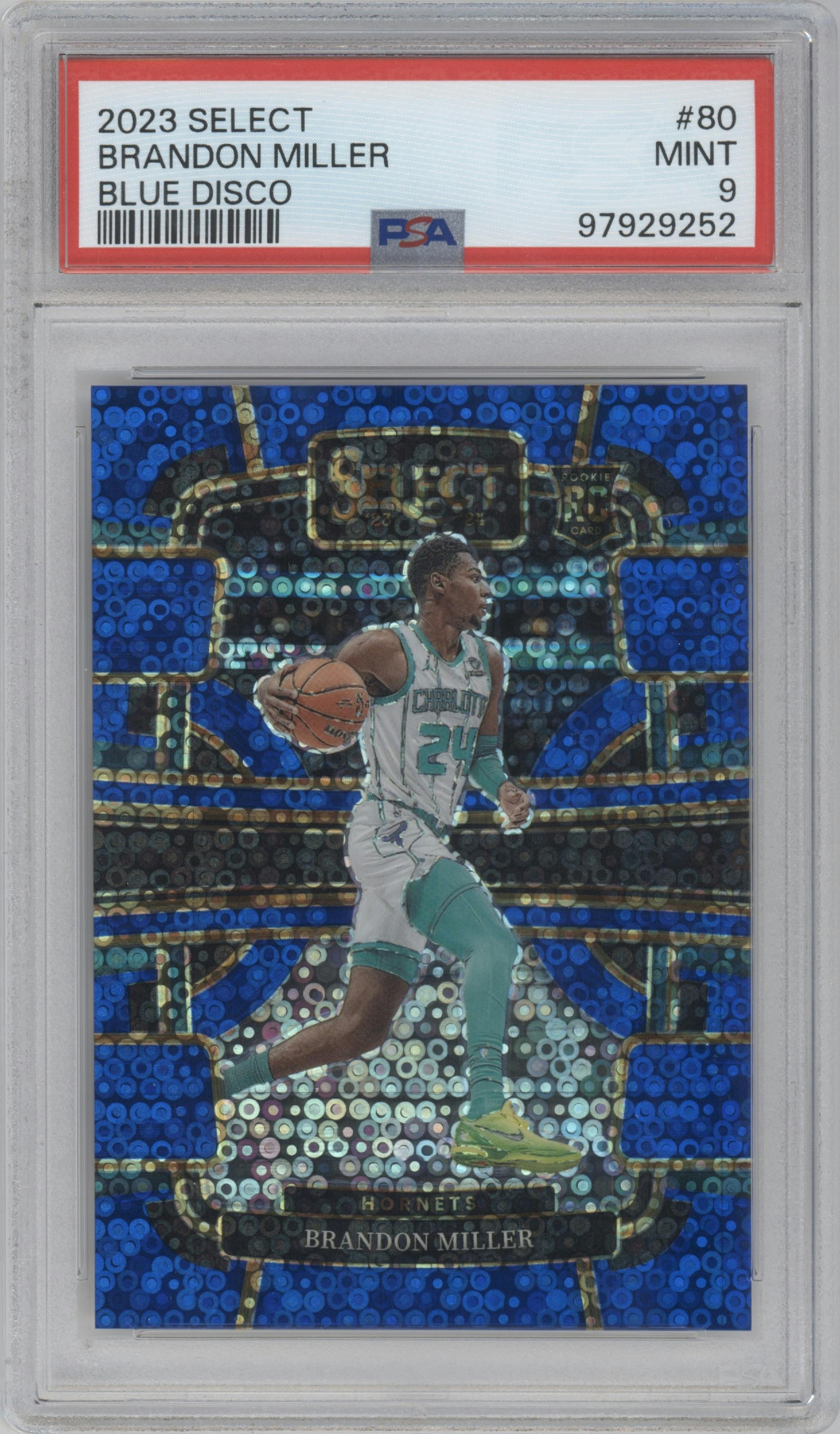 Brandon Miller from the 2023-24 Panini Select  set featuring a Blue Disco  parallel graded by PSA and given an overall grade of 9.