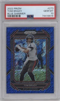 Tom Brady from the 2022 Panini Prizm set featuring a Blue Shimmer parallel graded by PSA and given an overall grade of 10.